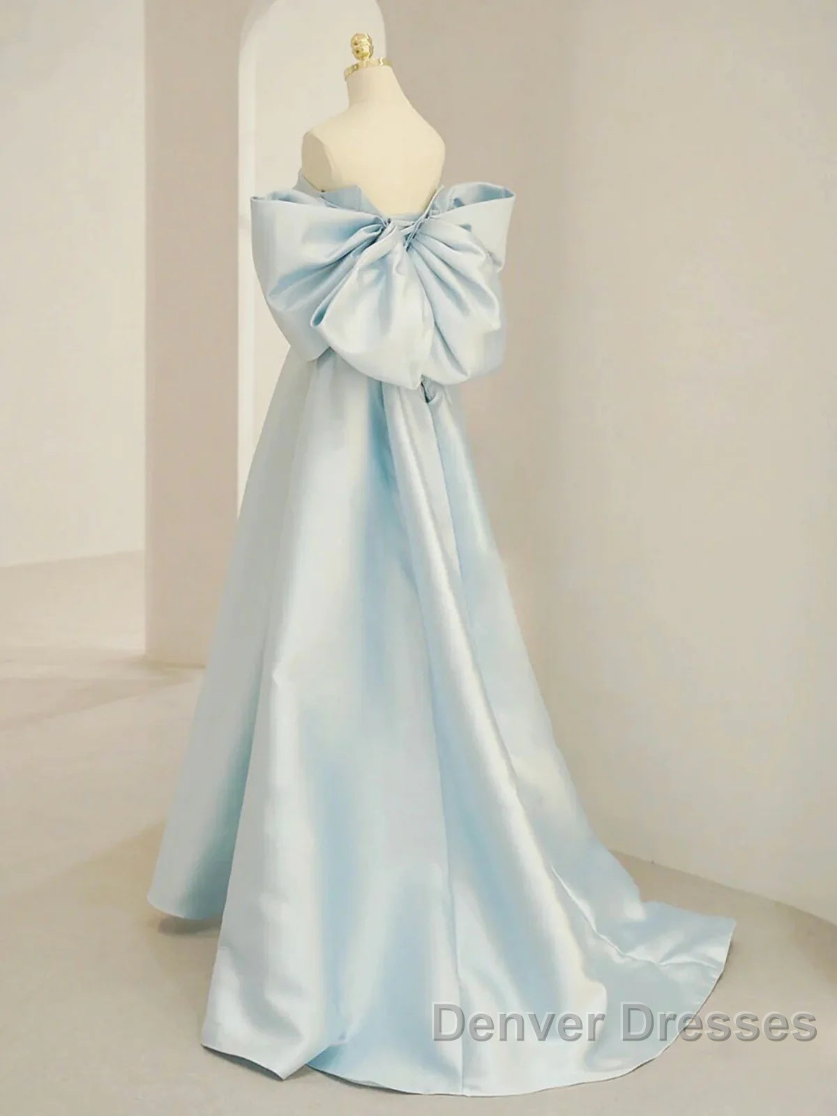 Simple A Line Off The Shoulder Blue Satin Long Prom Dress
