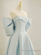 Simple A Line Off The Shoulder Blue Satin Long Prom Dress