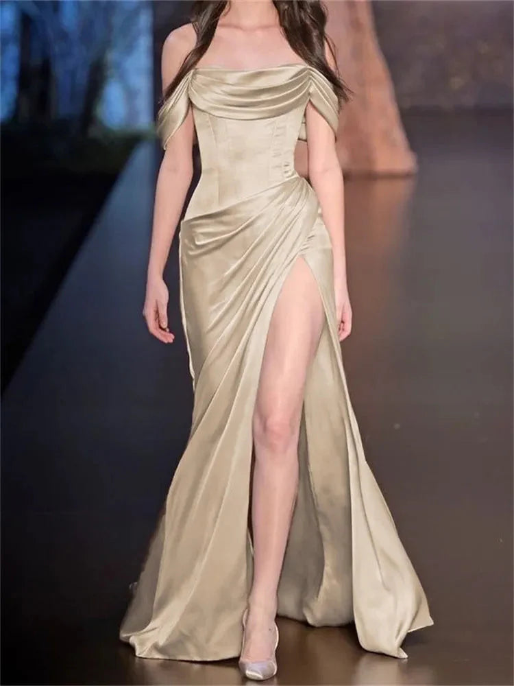 Simple A-Line Off The Shoulder Blue Satin Long Prom Dress Formal Evening Dress Secondary image