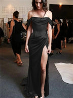Simple A-Line Off The Shoulder Blue Satin Long Prom Dress Formal Evening Dress