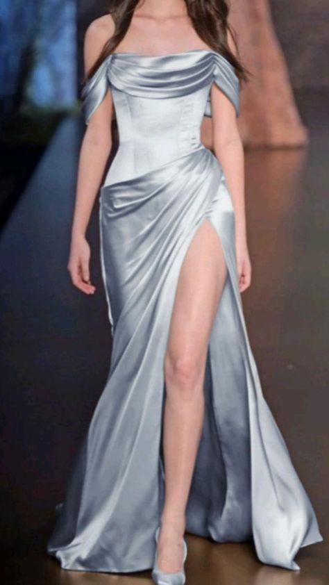Simple A-Line Off The Shoulder Blue Satin Long Prom Dress Formal Evening Dress