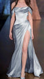 Simple A-Line Off The Shoulder Blue Satin Long Prom Dress Formal Evening Dress