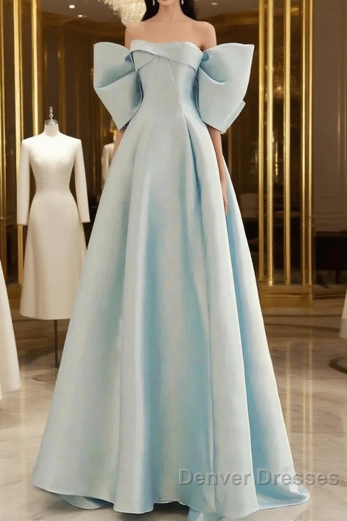 Simple A Line Off The Shoulder Blue Satin Long Prom Dress