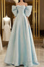 Simple A Line Off The Shoulder Blue Satin Long Prom Dress