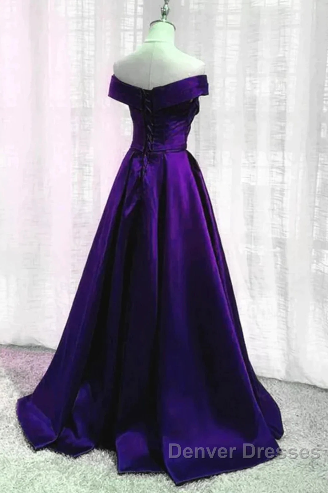 Simple A Line Off The Shoulder Purple Satin Long Prom Dress Secondary image