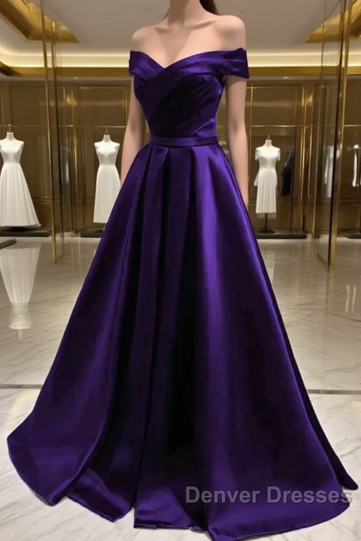 Simple A Line Off The Shoulder Purple Satin Long Prom Dress Main image