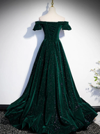 Simple A line Off the Shoulder Shiny Green Black Long Prom Dresses