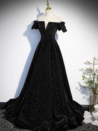 Simple A line Off the Shoulder Shiny Green Black Long Prom Dresses