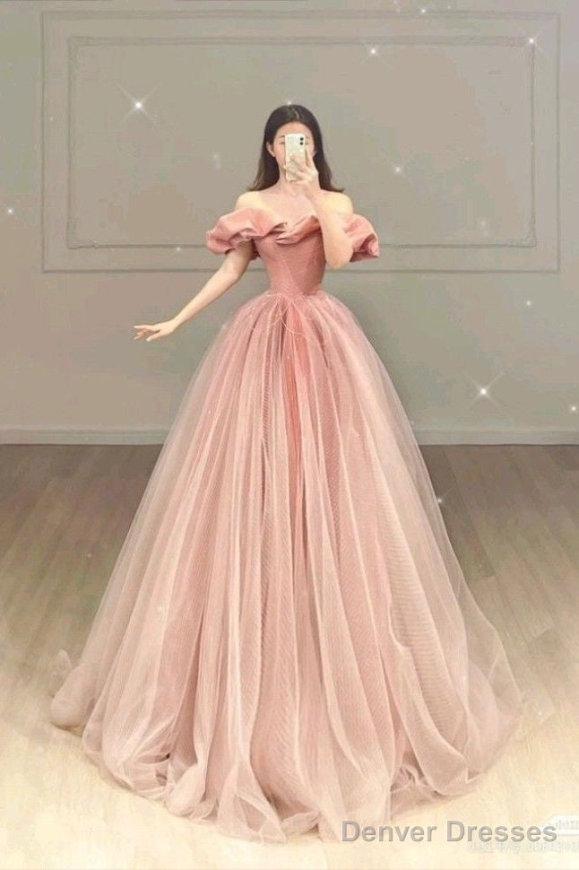 Simple A Line Pink Long Tulle Prom Dresses 22Th Birthday Outfit