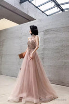 Simple A Line Pink Tulle Prom Dresses Evening Dress
