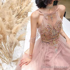 Simple A Line Pink Tulle Prom Dresses Evening Dress