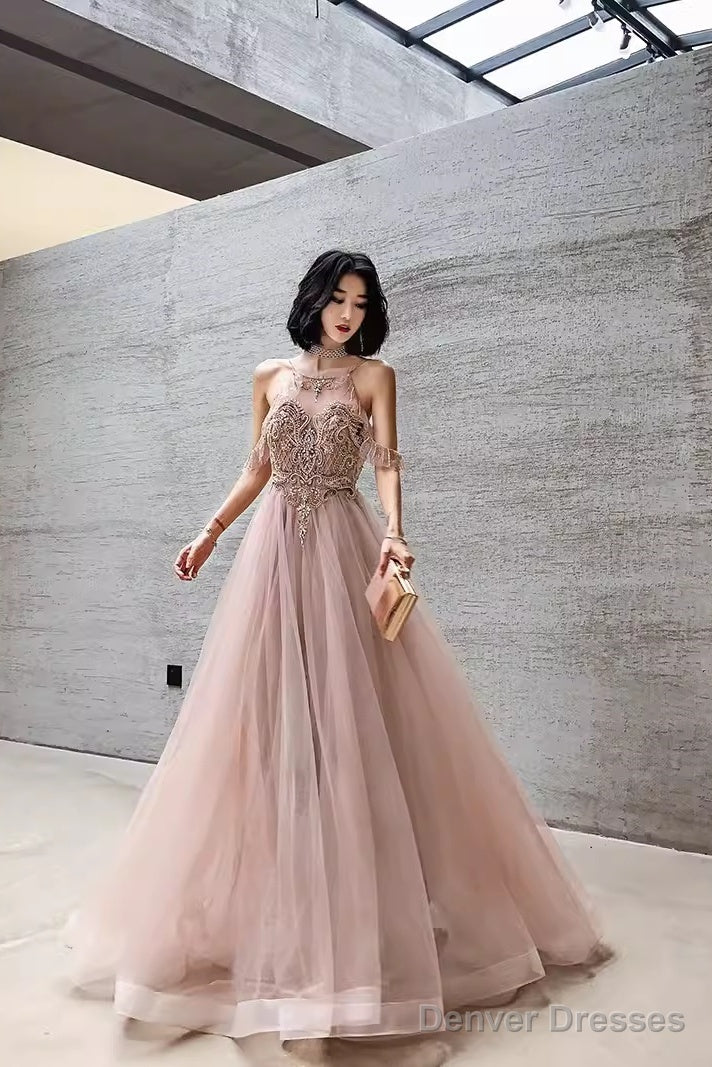 Simple A Line Pink Tulle Prom Dresses Evening Dress Main image