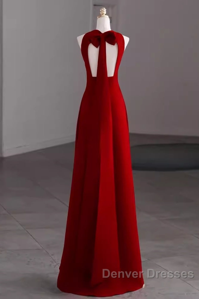 Simple A Line Red Floor Length Open Back Prom Dress