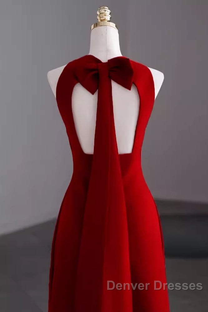 Simple A Line Red Floor Length Open Back Prom Dress