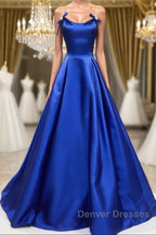 Simple A Line Royal Blue Satin Long Prom Dress, Royal Blue Formal Dress, Cheap Royal Blue Evening Dress