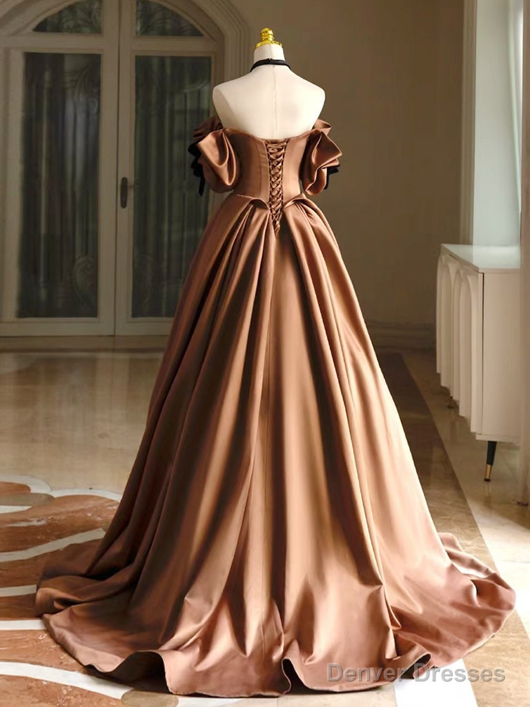 Simple A-Line  Satin Brown Long Prom Dress, Brown Long Formal Dress Secondary image