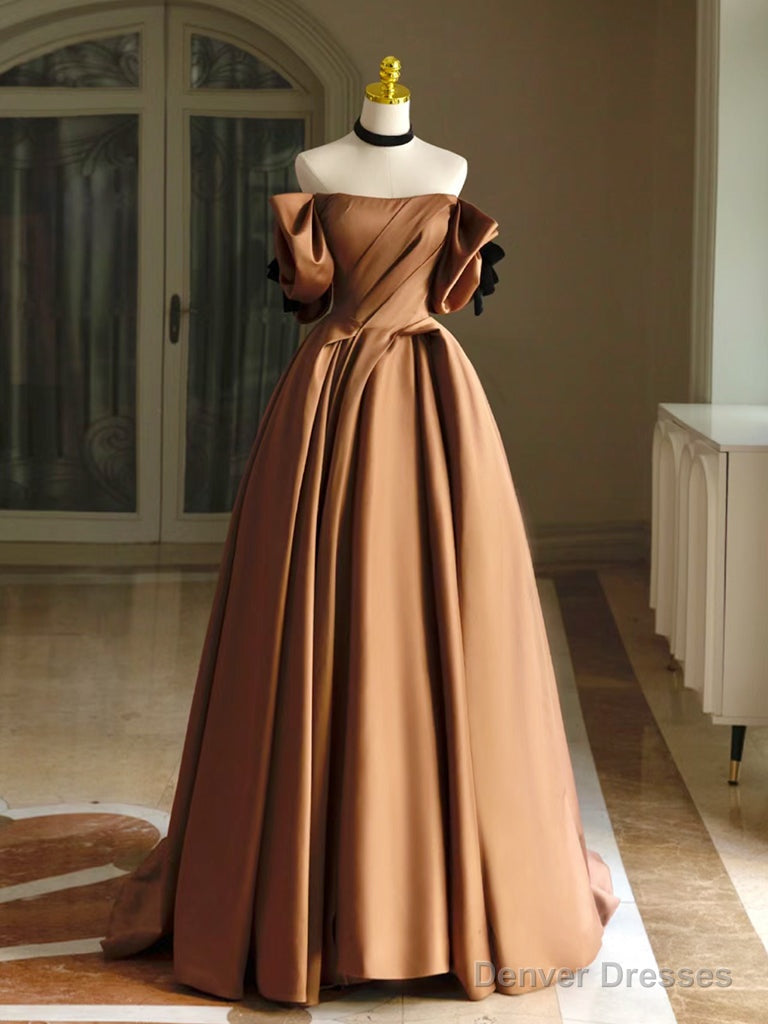 Simple A-Line  Satin Brown Long Prom Dress, Brown Long Formal Dress Main image