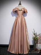 Simple A Line Satin Champagne Long Prom Dress, Champagne Evening Dress