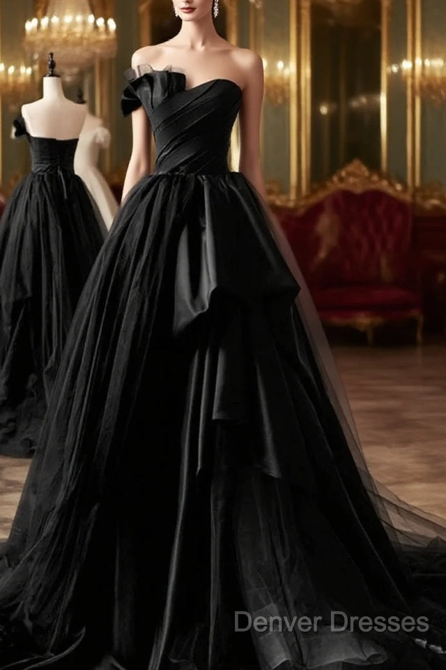 Simple A-Line Satin Strapless Black Long Prom Dress Main image