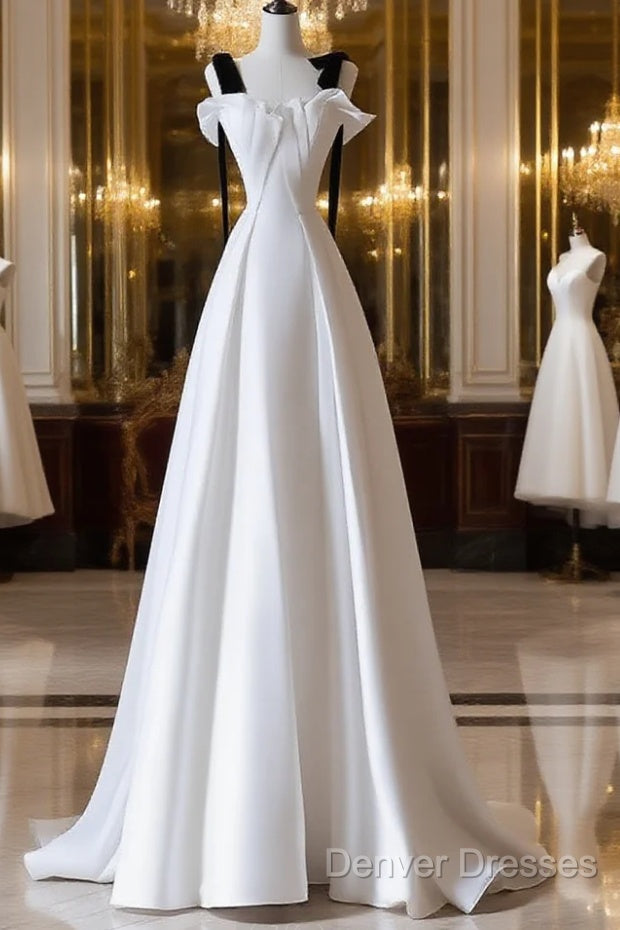 Simple A-Line Satin White Long Prom Dress, White Long Formal Dress Main image