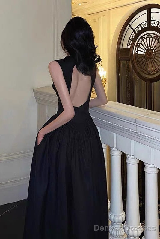 Simple A Line Scoop Neckline Black Backless Prom Dresses Birthday Outfits Evening Gown Secondary image