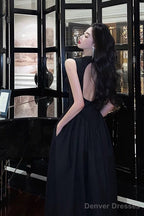 Simple A Line Scoop Neckline Black Backless Prom Dresses Birthday Outfits Evening Gown