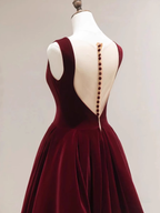 Simple A line Scoop Velvet Burgundy Velvet Long Prom Dresses
