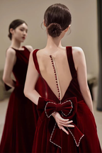 Simple A line Scoop Velvet Burgundy Velvet Long Prom Dresses