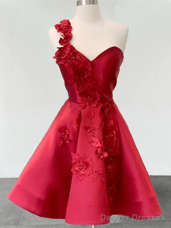 Simple A-Line Short Sweetheart Flowers One Straps Red Homecoming Dresses Online,