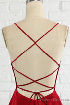 Simple A Line Spaghetti Straps Burgundy Long Prom Dress with Cirss Cross Back
