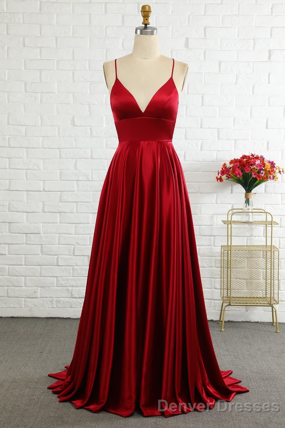 Simple A Line Spaghetti Straps Burgundy Long Prom Dress with Cirss Cross Back Main image