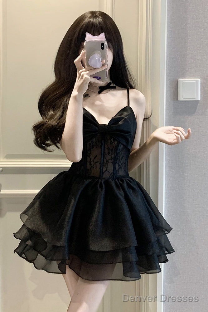 Simple A Line Spaghetti Straps Chiffon Black Holiday Dress Birthday Dresses Birthday Outfits
