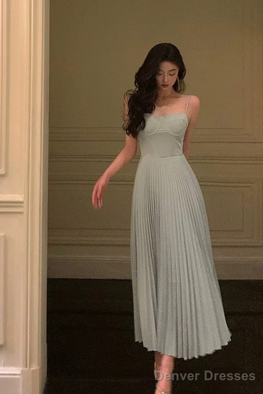 Simple A Line Spaghetti Straps Dusty Blue Prom Dresses Birthday Outfits Evening Gown