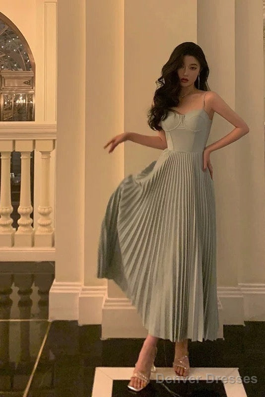 Simple A Line Spaghetti Straps Dusty Blue Prom Dresses Birthday Outfits Evening Gown