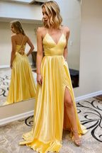 Simple A Line Spaghetti Straps Green Long Prom Dress with Slit