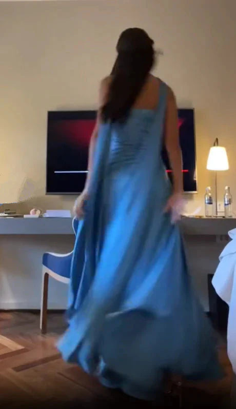 Simple A Line Spaghetti Straps Blue Satin Prom Dress Birthday Outfits
