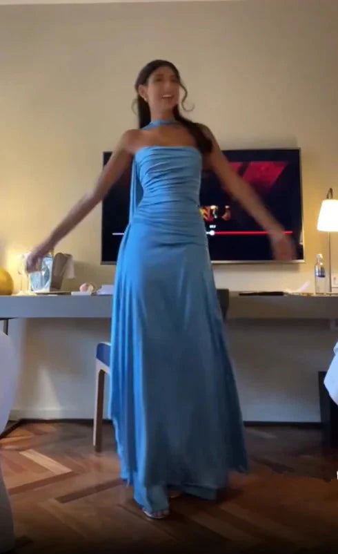 Simple A Line Spaghetti Straps Blue Satin Prom Dress Birthday Outfits