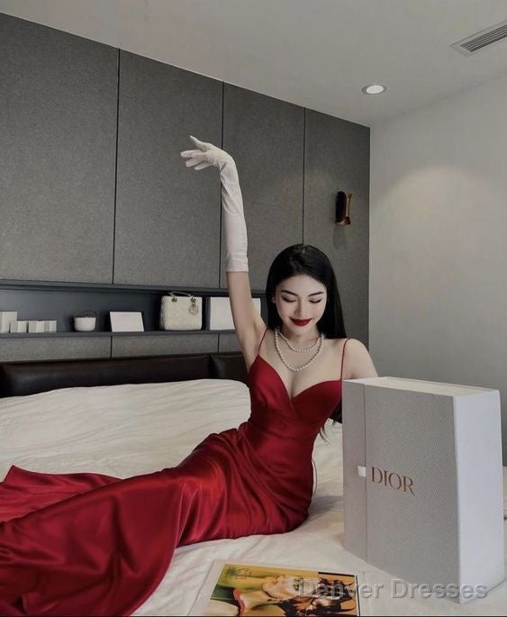 Simple A Line Spaghetti Straps Sleeveless Satin Red Prom Dresses Long Prom Dress Main image