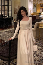 Simple A Line Square Neckline Long Sleeves Ankle Length Prom Dresses Birthday Outfits