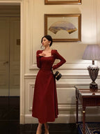 Simple A Line Square Neckline Long Sleeves Red Prom Dress Birthday Dress