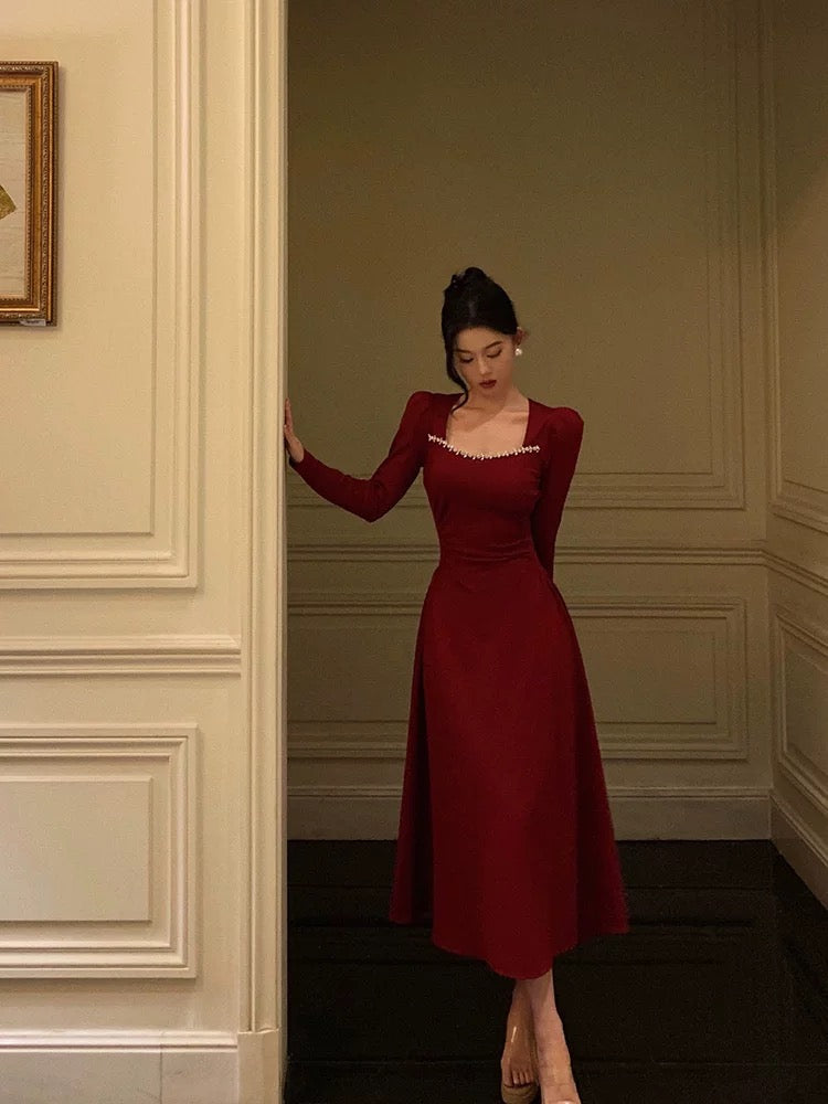 Simple A Line Square Neckline Long Sleeves Red Prom Dress Birthday Dress