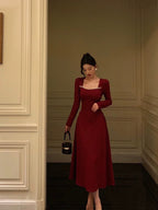 Simple A Line Square Neckline Long Sleeves Red Prom Dress Birthday Dress