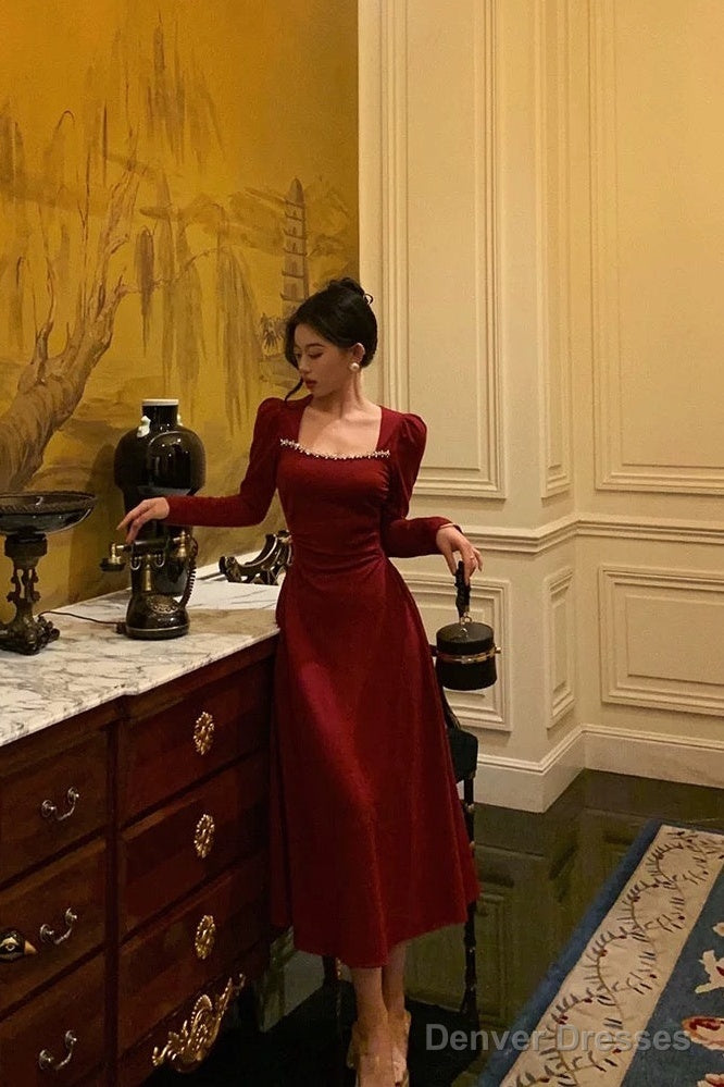 Simple A Line Square Neckline Long Sleeves Red Prom Dresses Birthday D – Denver Dresses