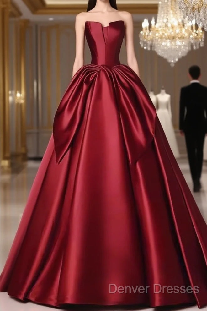 Simple A Line Strapless Burgundy Floor Length Prom Dress Main image