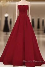 Simple A Line Strapless Long Red Prom Dress Evening Dress