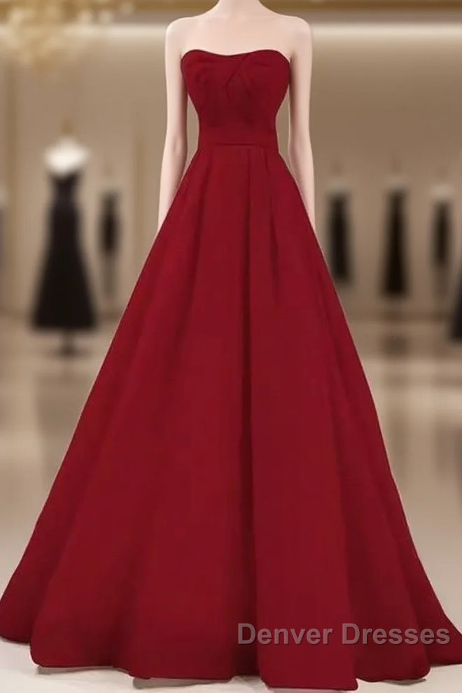 Simple A Line Strapless Long Red Prom Dress Evening Dress Main image