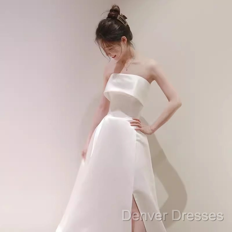 Simple A Line Strapless Satin Ivory Wedding Dress
