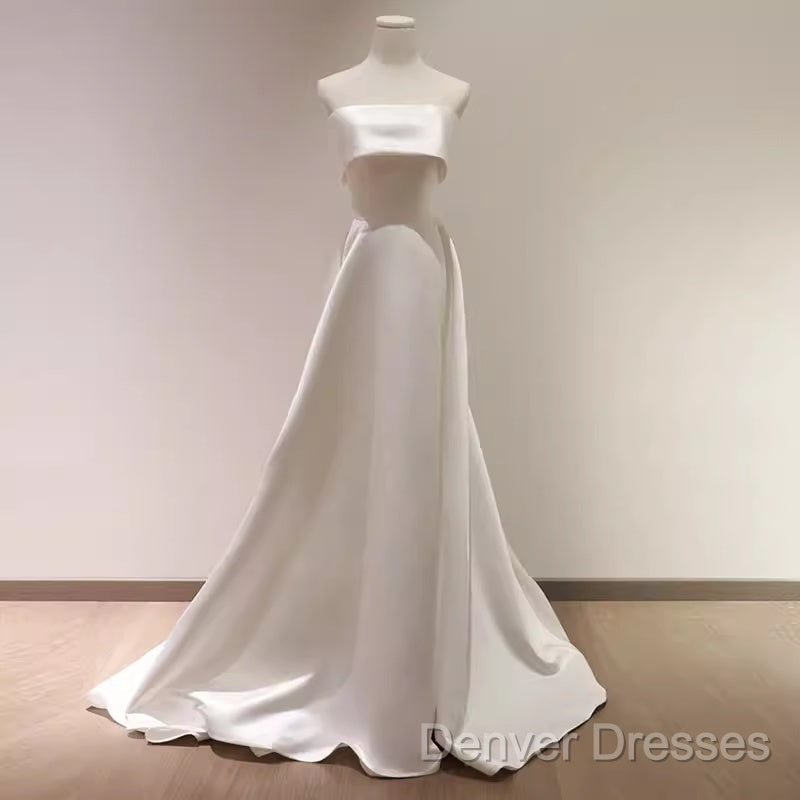 Simple A Line Strapless Satin Ivory Wedding Dress