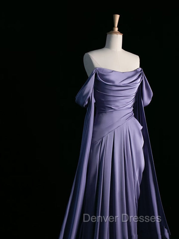 Simple A Line Strapless Sleeveless Satin Lilac Prom Dress Long Prom Dress