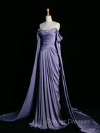 Simple A Line Strapless Sleeveless Satin Lilac Prom Dress Long Prom Dress